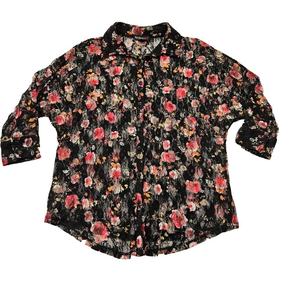 Self Esteem Women's Sz M Y2K Semi‎ Sheer Lace Floral Fairycore Button Up Shirt